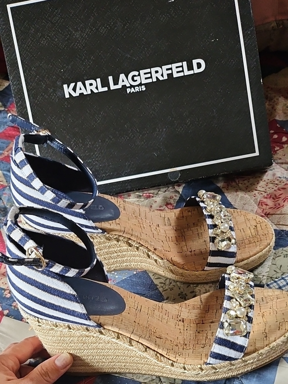 Karl Lagerfeld Navy Striped Wedge Sandals with Embellished Strap